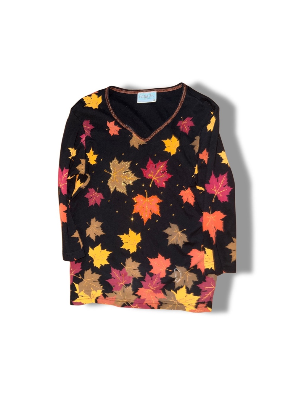 Cactus Bay Black V-Neck Blouse with Autumn Leaf Print